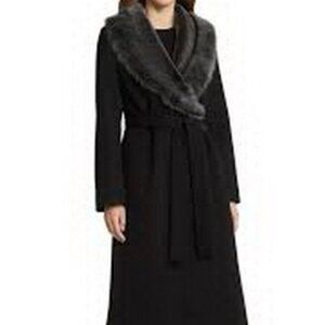 Fleurette Black Rory Genuine Shearling Collar Wool Coat Less Belt